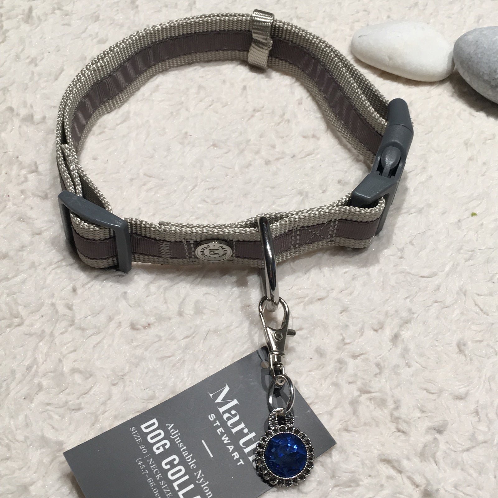 Grey Nylon Dog Collar By Martha Stewart & Handcrafted Blue Regal Pendant Charm qeHxam0KQ