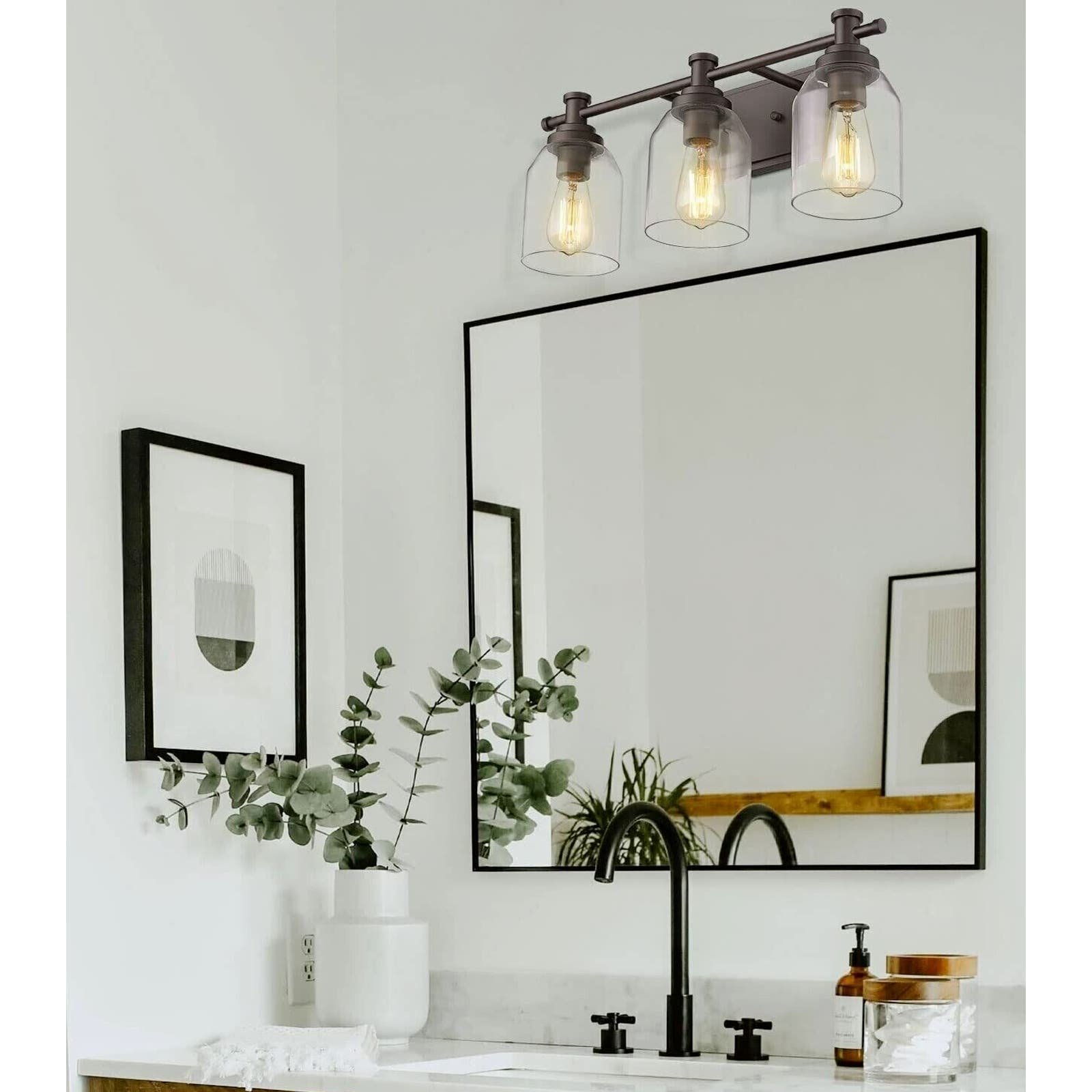 3-Light Modern Farmhouse Bathroom Vanity Light Fixture Bronze w Glass Shades R5ElhFDkX