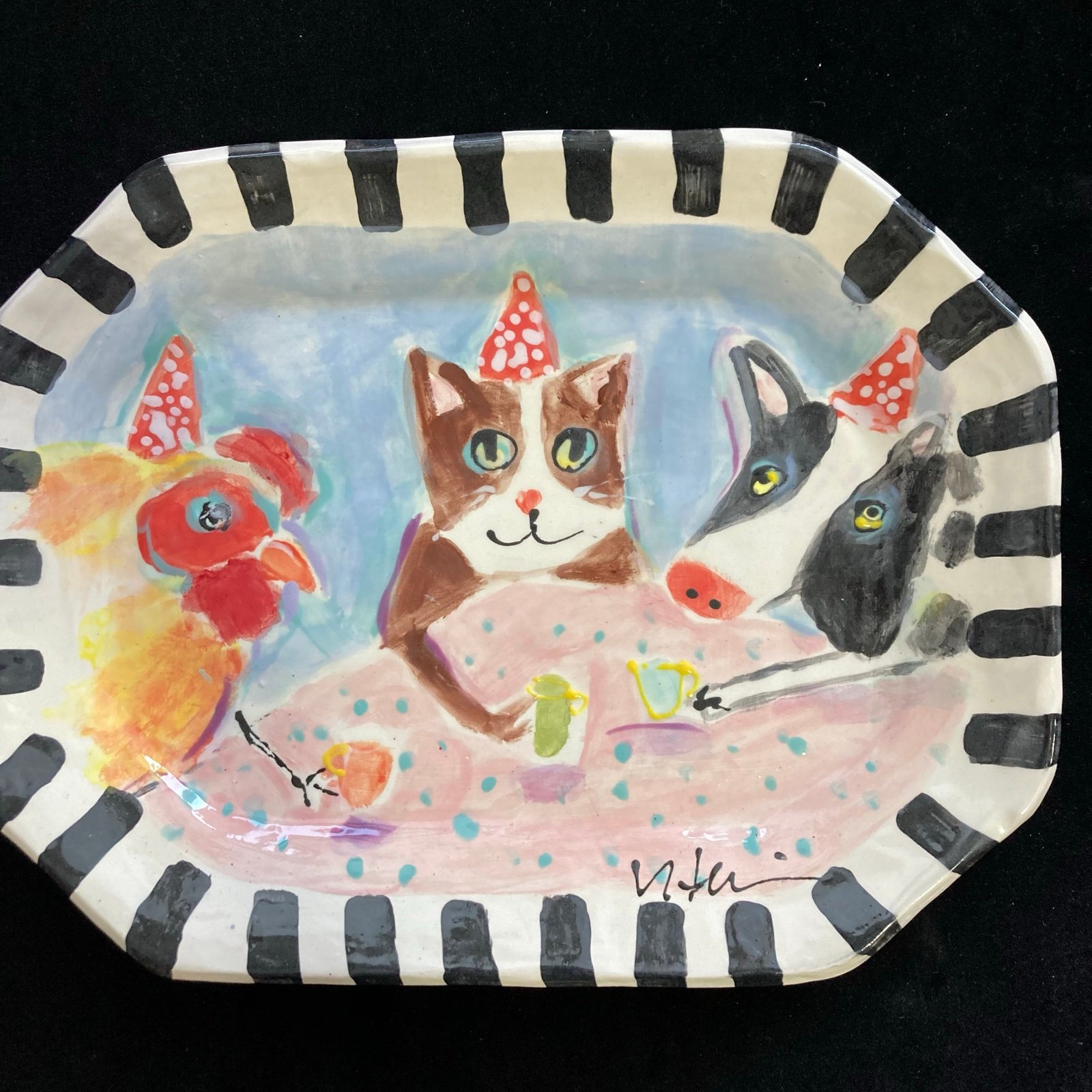 Tea With Friends” Handmade Ceramic Original 8 Sided Platter 13”x10” lz76OHYRP