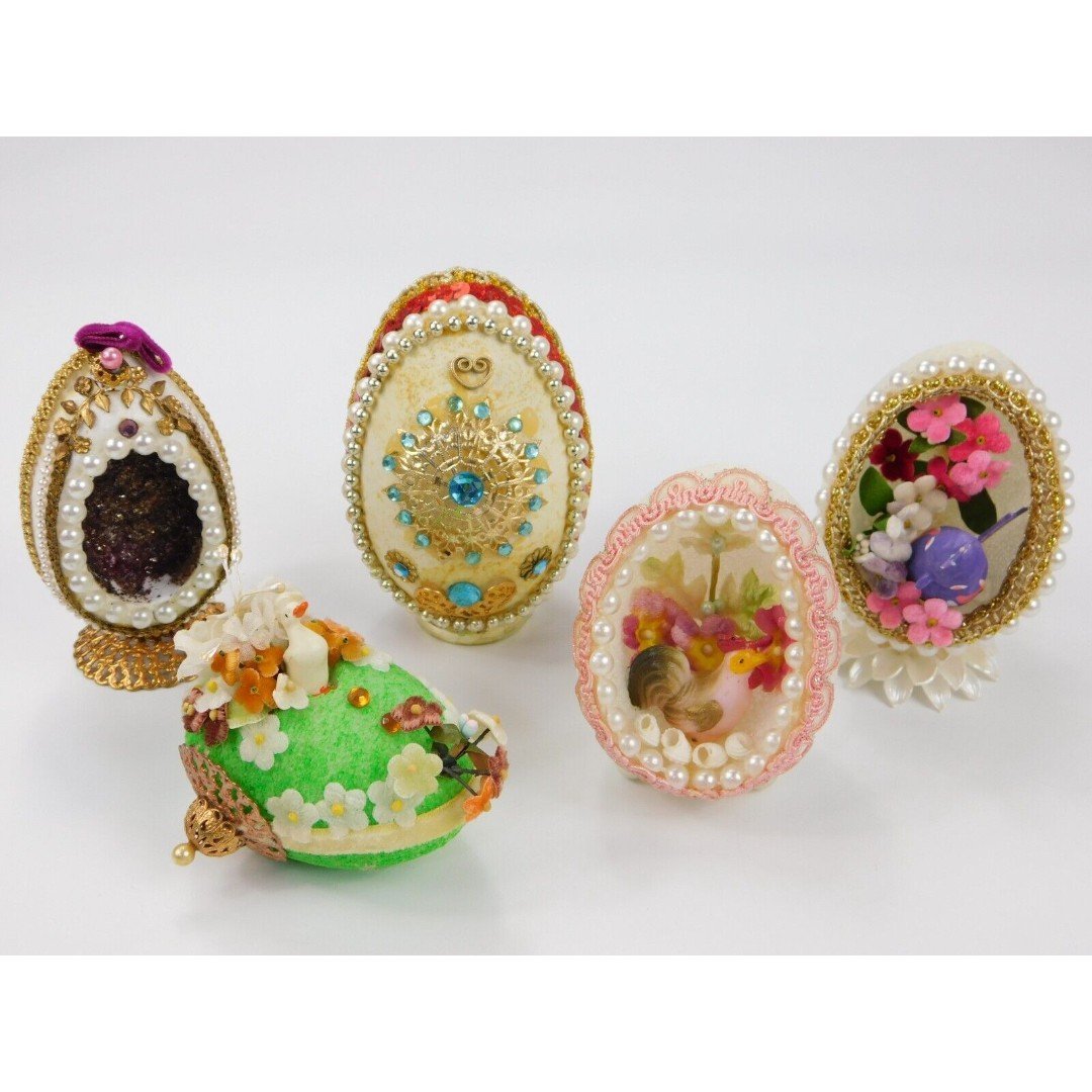 Vintage Handmade Decorative Foam Easter Eggs Rhinestones Faux Pearls 3.5-4.25