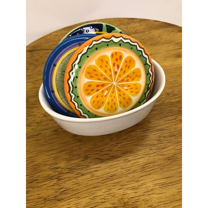 Hand painted fruit coasters (3) and Create & Barell o3llLoafE
