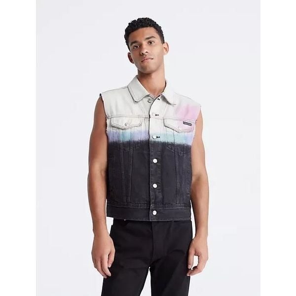 NWT Calvin Klein Men´s Button-down Tie-Dye Colorblock Raw Sleeveless Vest Sz XL jH1SZooaE