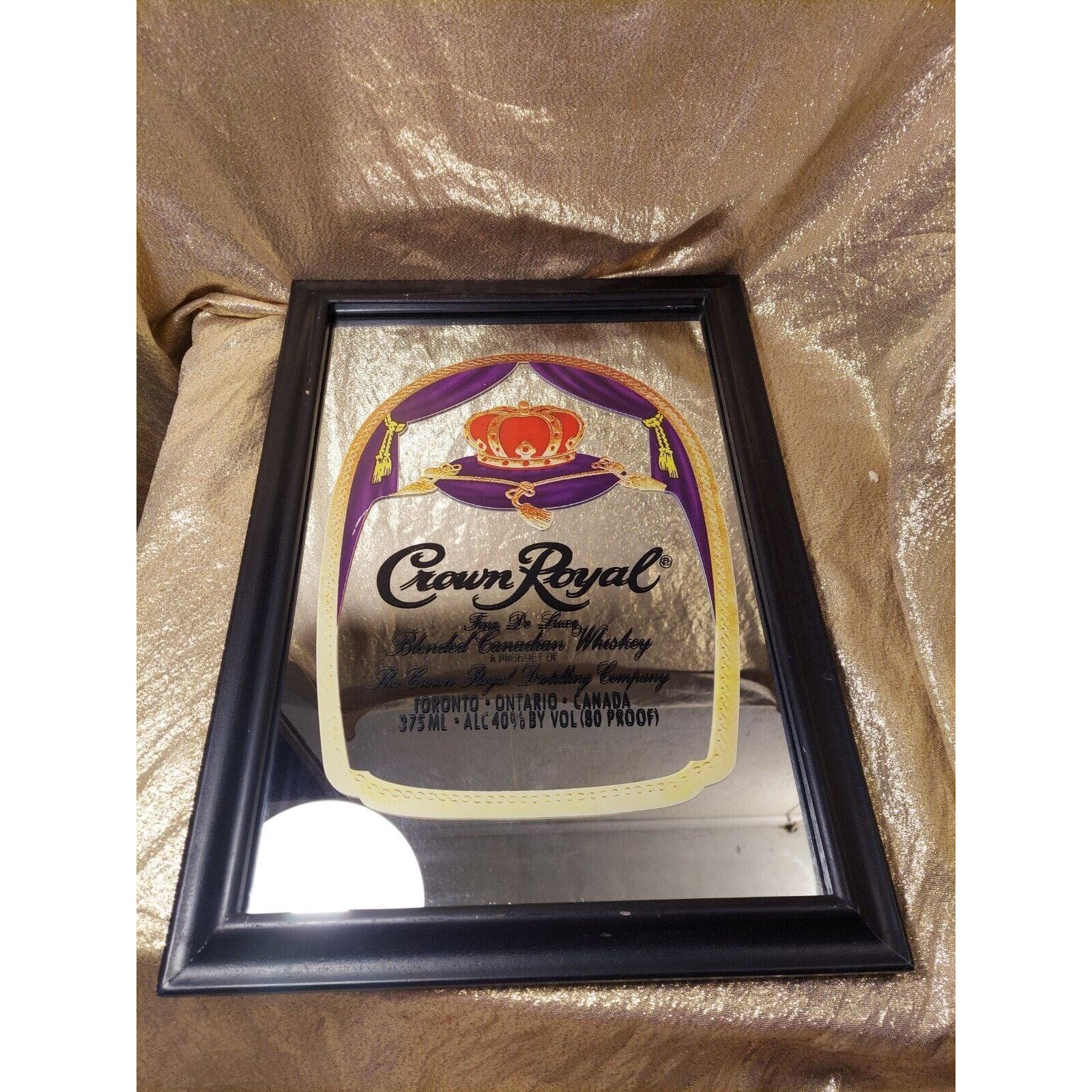 Crown Royal Whisky Sign Mirror Bar Black Wood Framed 18