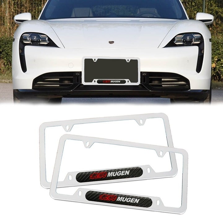 BRAND NEW UNIVERSAL 2PCS MUGEN METAL LICENSE PLATE FRAME SILVER Ry4ziaeCL