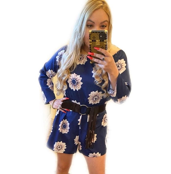 Blue Romper shorts Floral off shoulder modern woman size S PACu4v0je