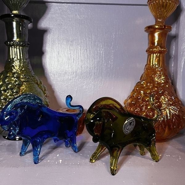 Vintage Pilgram MCM Green and Blue Art Glass Bulls Qty 2 RzLKBFAiD