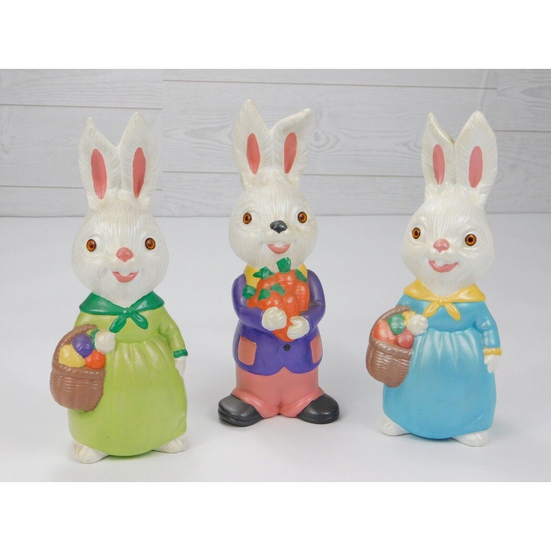 Vtg Hand Painted Ceramic Boy & Girls Easter Bunny Rabbit Figurine Decor 10.5