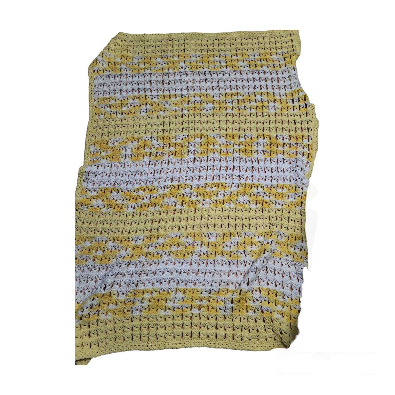 Vintage Hand Crafted Crocheted Afghan Blanket ThrowIn soft colors yellow & white kcwXFS2zE