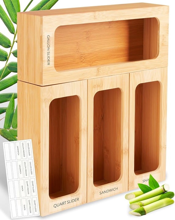 Bamboo Ziplock Bag Organizer for Drawer - Customizable Kitchen Storage lYLZMno2W