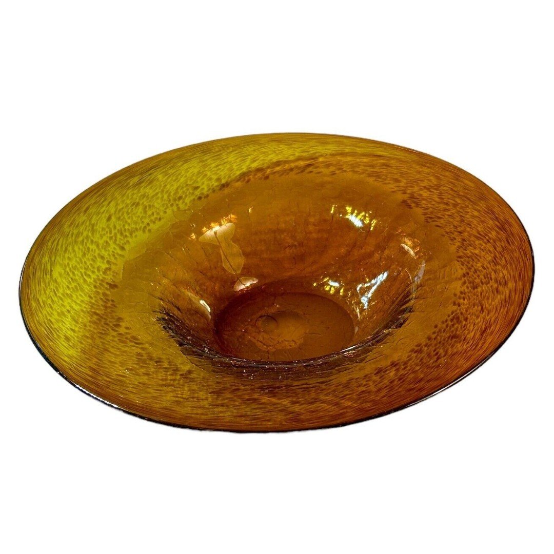 Large Vintage Hand Amber Crinkle Art Glass Hand Blown Bowl J3ZopIUXO