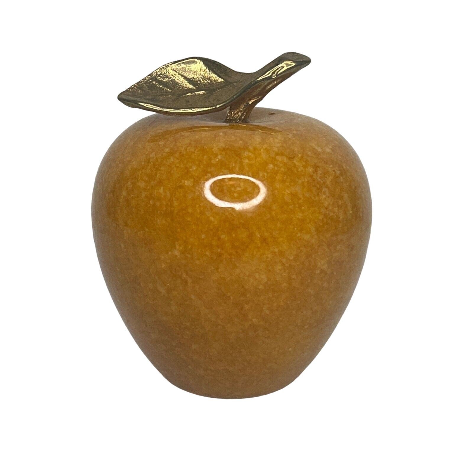Vintage Apple Paperweight Yellow Onyx Marble Brass Stem Gift Teacher lCGg8Aq5C