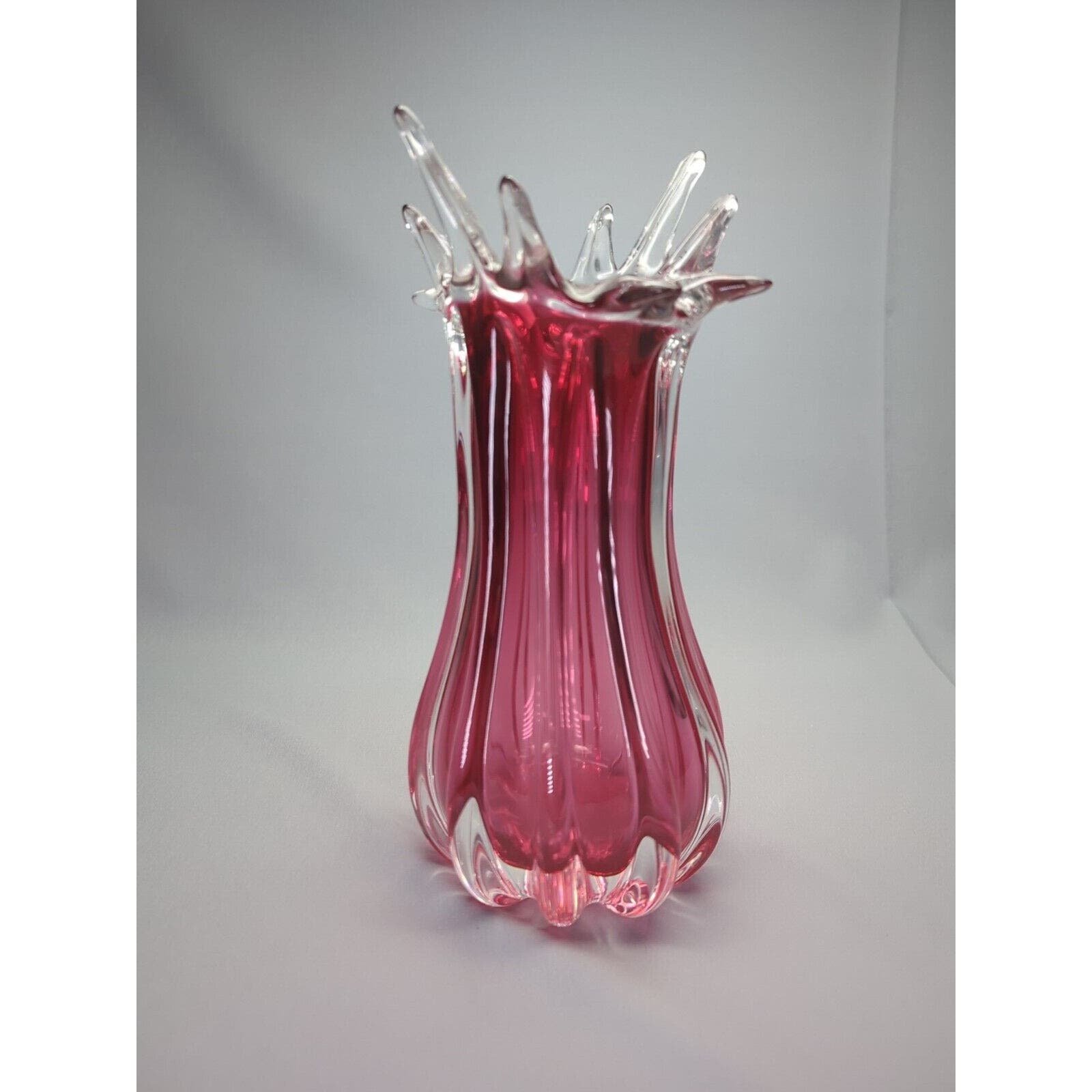Chribska Handmade Glass 1414 Cranberry Red & Clear- 11.5