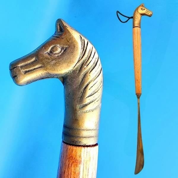 Vintage Equestrian Horse Figural Shoe Horn Solid Brass Wood 17.5