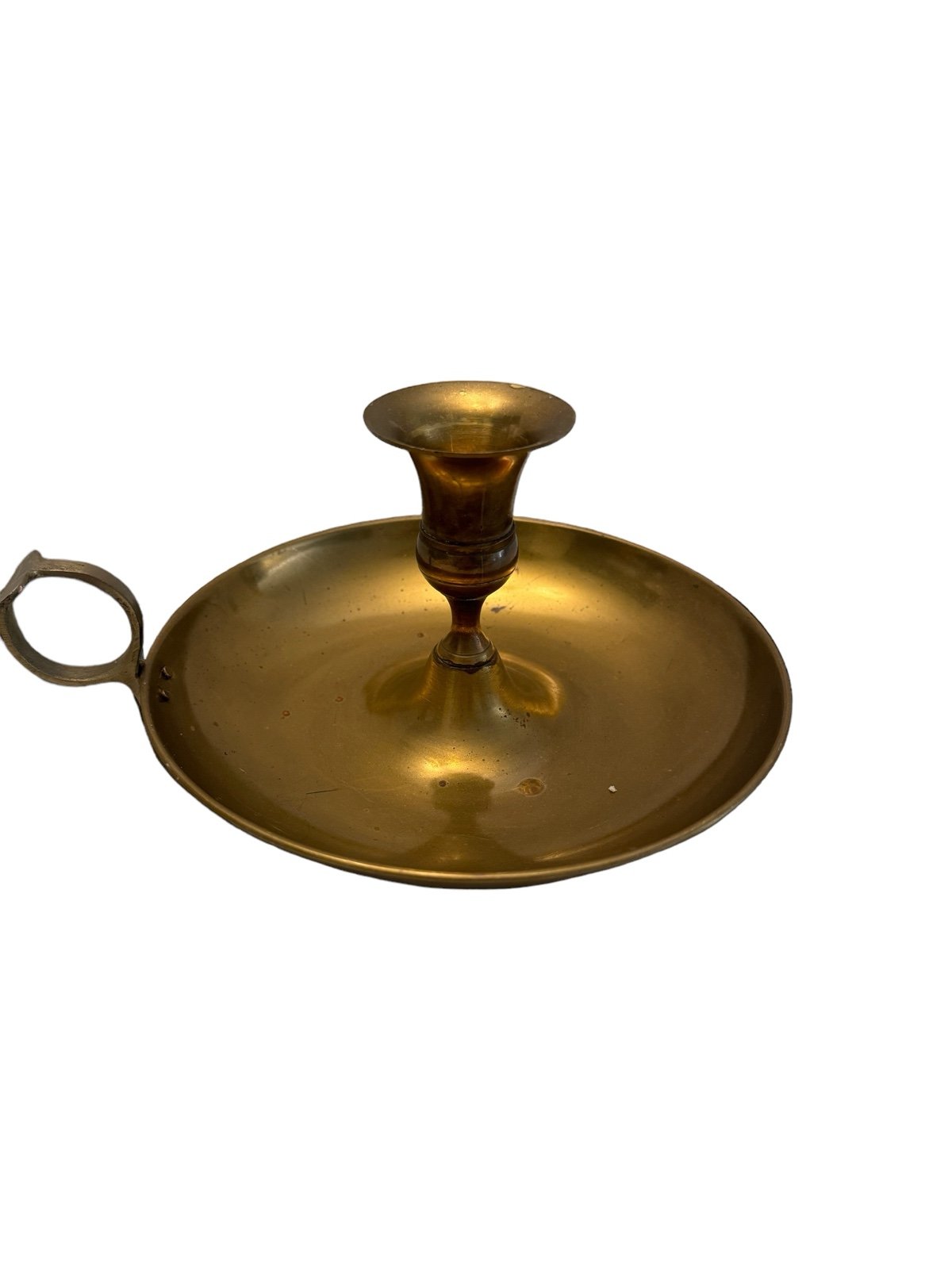 Large Vintage Brass Chamberstick Candle Holder Finger Ring Loop Drip Pan 8”W PTvriPJOj