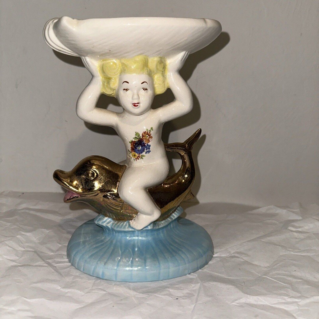 Vintage Hand Painted Child on Dolphin Soap Dish by Holland Mold Nautical KM7jNihWL
