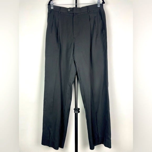 Giorgio Armani Black Pin Striped 100% Wool Pleated Trouser Slack Pants QJF3TEZOi