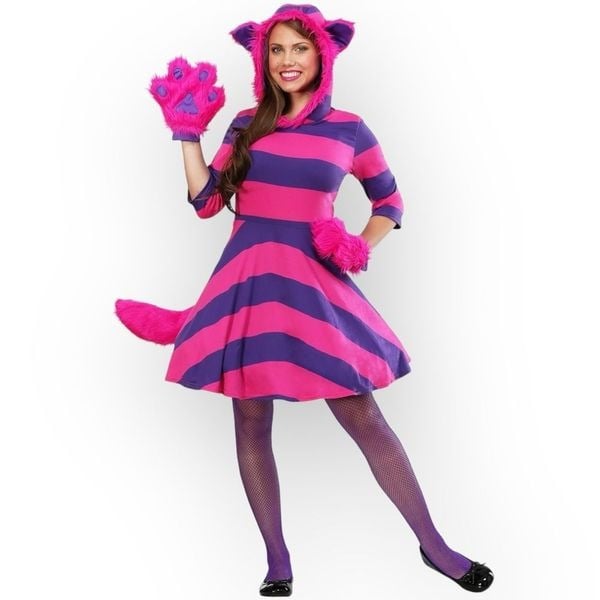 Cheshire Cat Dress Costume 2X Women’s Alice in Wonderland Fuzzy Gloves Tail Hood lbPNkQBsd