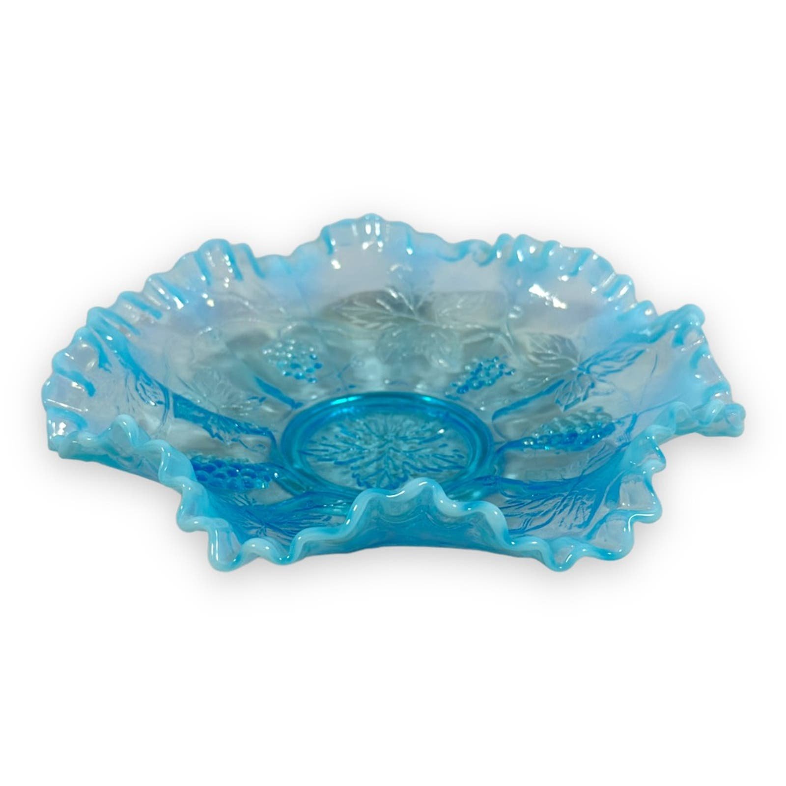 Vintage Fenton Candy Dish Grape Cable Opalescent Footed Blue Ruffled Edge USA 9