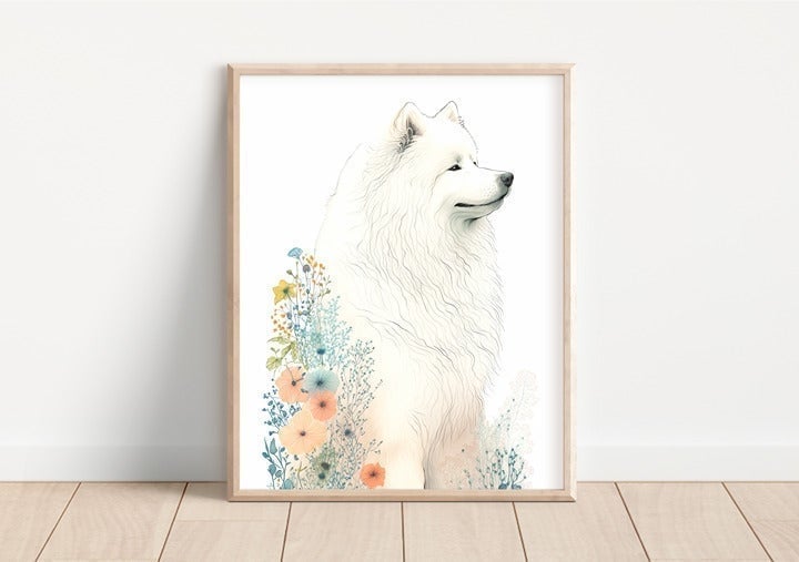 Samoyed with Flowers 8x10 Matte Art Print (Frame Not Included) pAkbk0n43