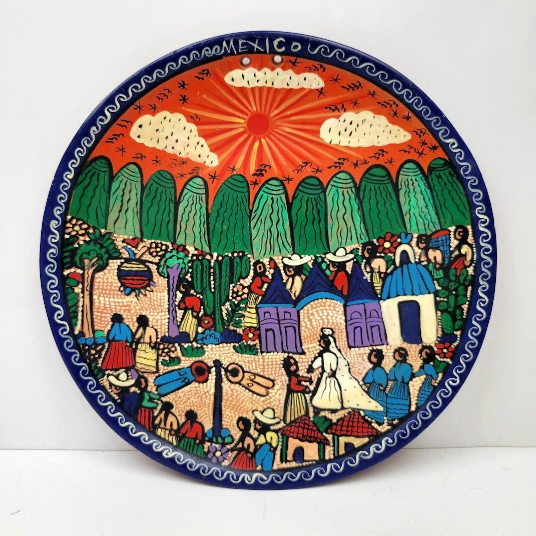 Mexican Folk Art Wedding Story Plate Wall Art Hand Painted Mexico Terracotta 11