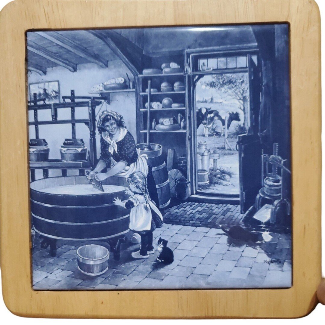 Delft Blue White Ceramic Art Tile Trivet Wood Trim Woman Daughter Cheese Making KdYLOJCg7