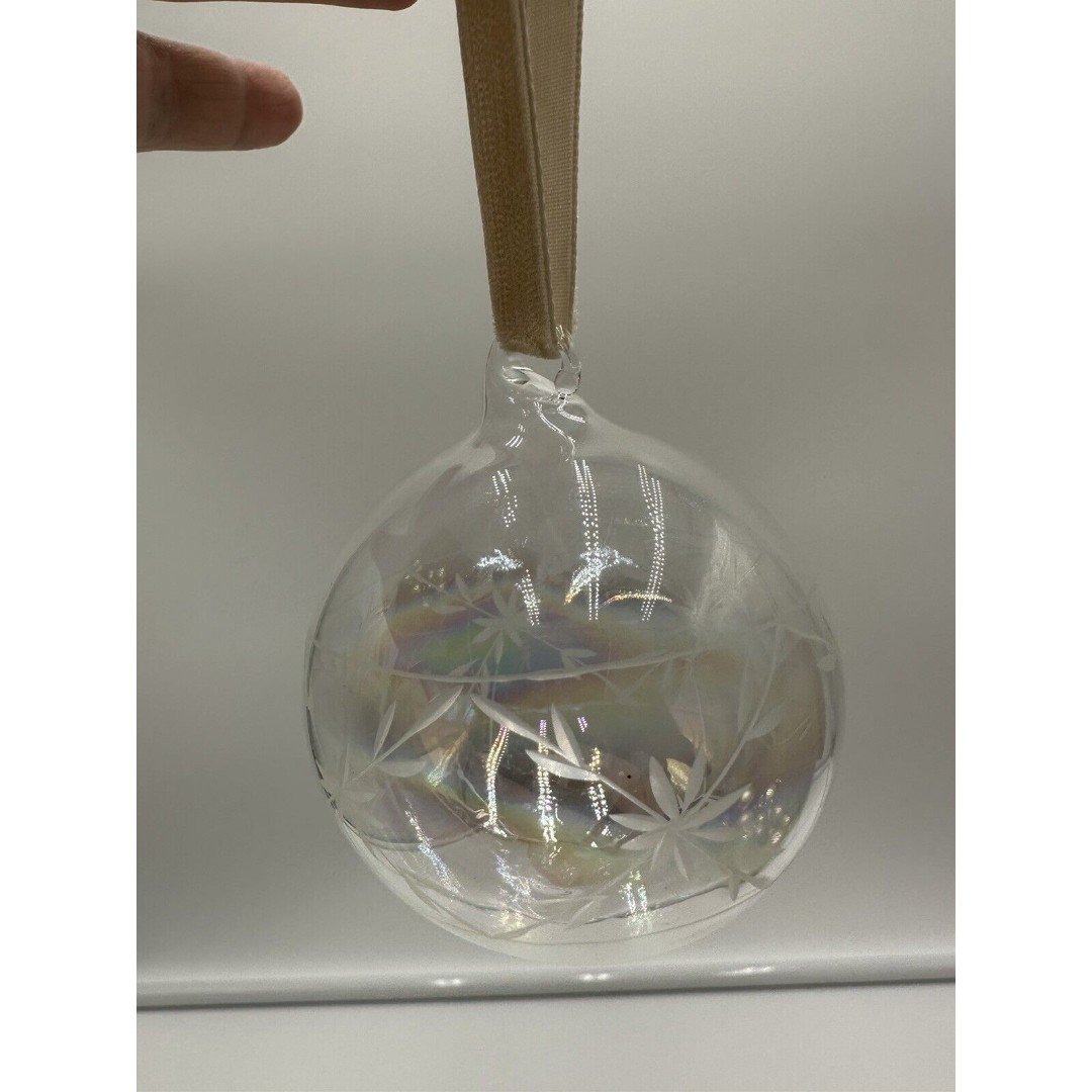 HAND BLOWN ETCHED CLEAR GLASS SNOWFLAKE VTG IRIDESCENT CHRISTMAS BALL ORNAMENT kMyphT0nf