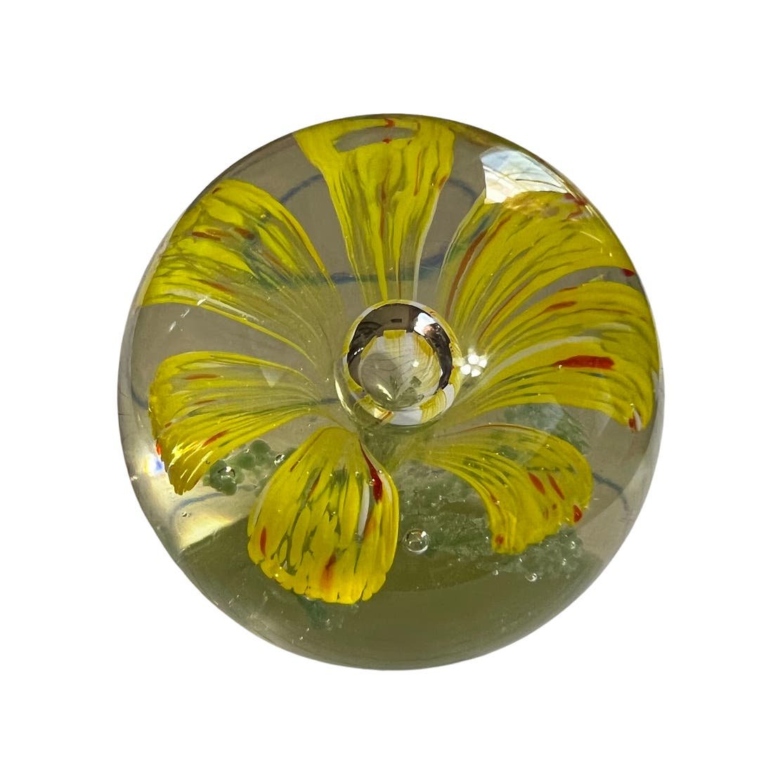 Vintage Stunning Yellow Flower Bubble Center Green Sparkle Leaves JvxrHOFX0