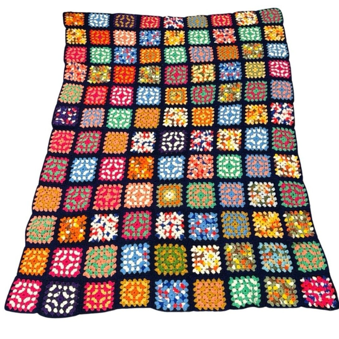 Vintage Granny Square Afghan Crochet Throw Blanket Roseanne 65”X 48