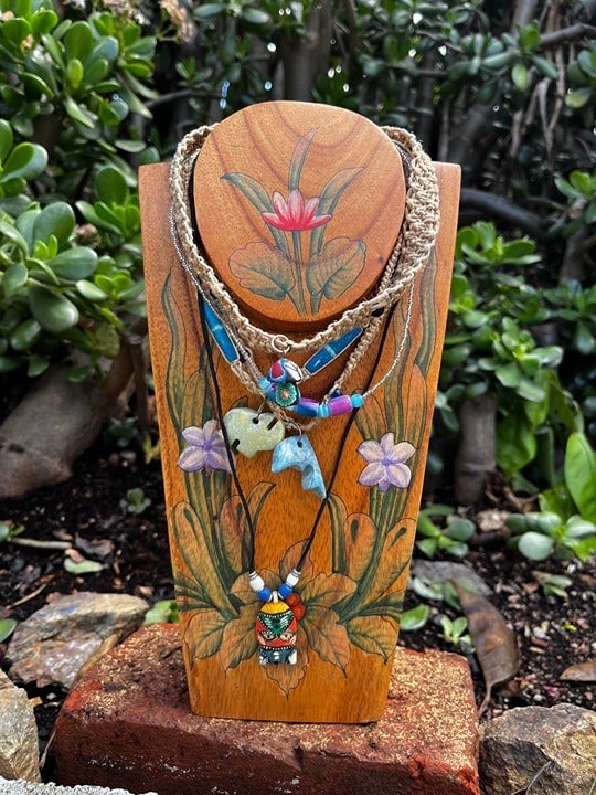 Hand carved wooden jewelry necklace holder with flowers from Bali-12x7 inches q8CNnFvod