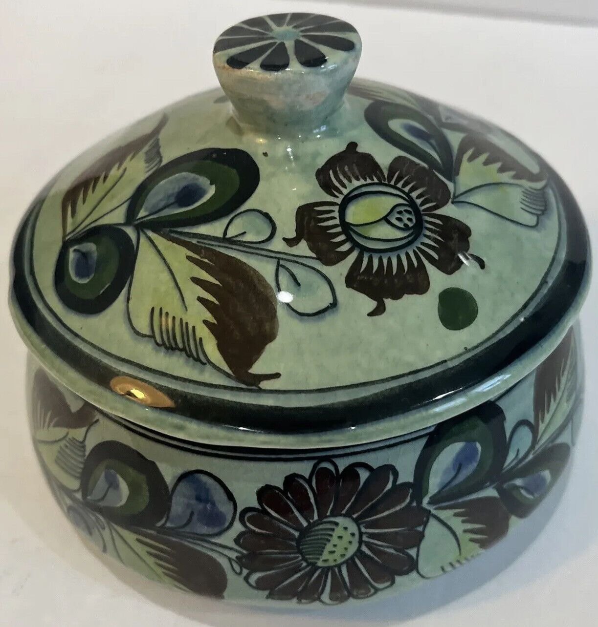 Mexican Mexico Tonala Jal Floral Pottery Bowl Dish Lid Folk Art 358 Green Blue pRTFXNY1M