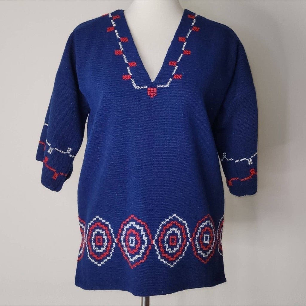 Traditional Mexican Navy Blue Short-Sleeved Wool Woven V-Neck Top - size M/L IG6NaQqjK