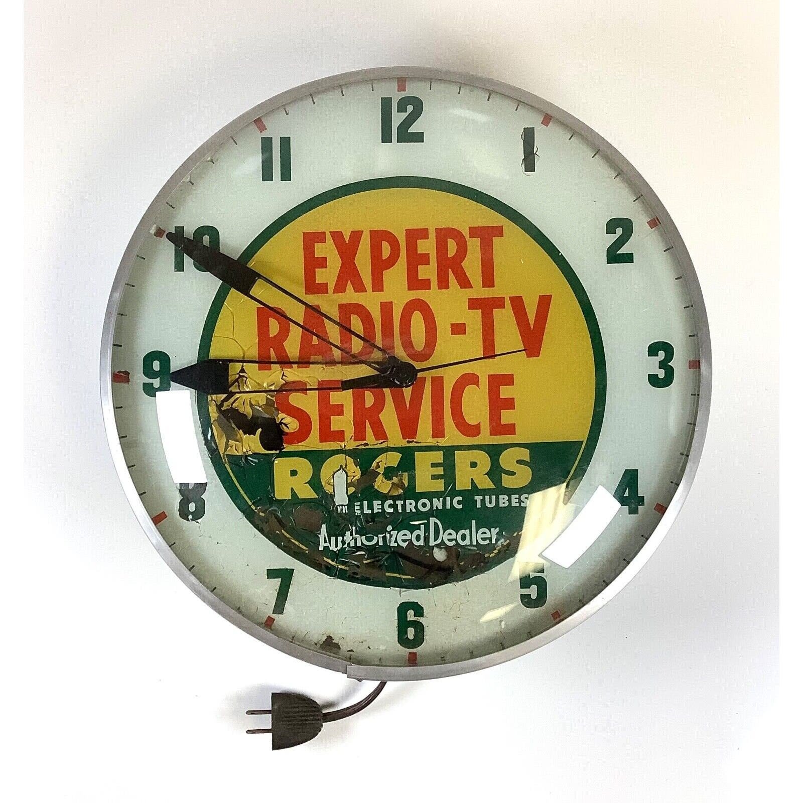 Vtg Expert Radio TV Service Rogers Tubes Bubble Glass Lighted Advertising Clock qUgRd8hHf