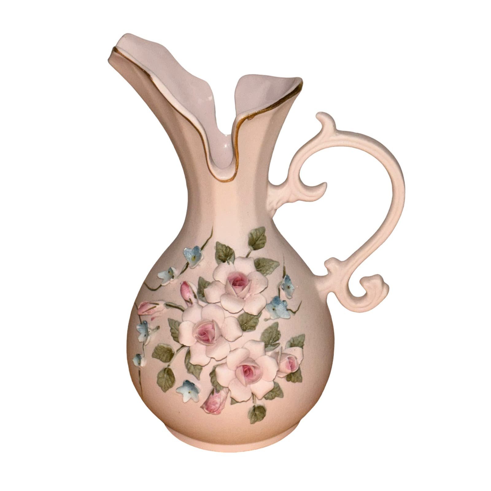 Vintage Lefton China Small Hand Painted Pale Pink 3D Roses Blue Flowers Pitcher jHBzpTsRj