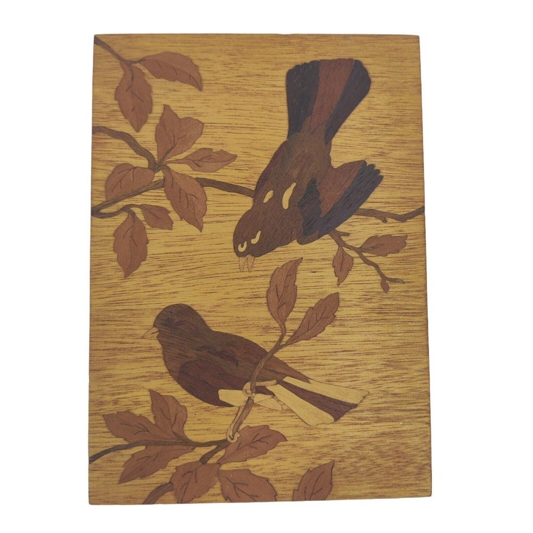 Inlay Wood Art Birds Flower Branches Leaves Handcrafted Stained 5x7 Vtg KSA43HXuH