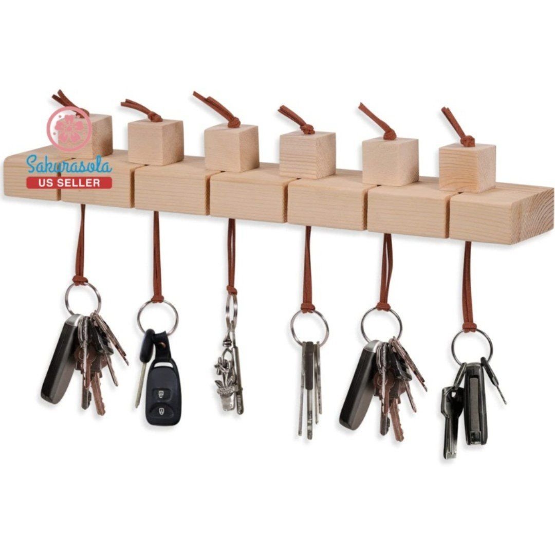 Wood Key Holder Wall-Mounted - Key Hanger with 6 Unfinished Wood Blocks, Key Hol jaSB9ouo2